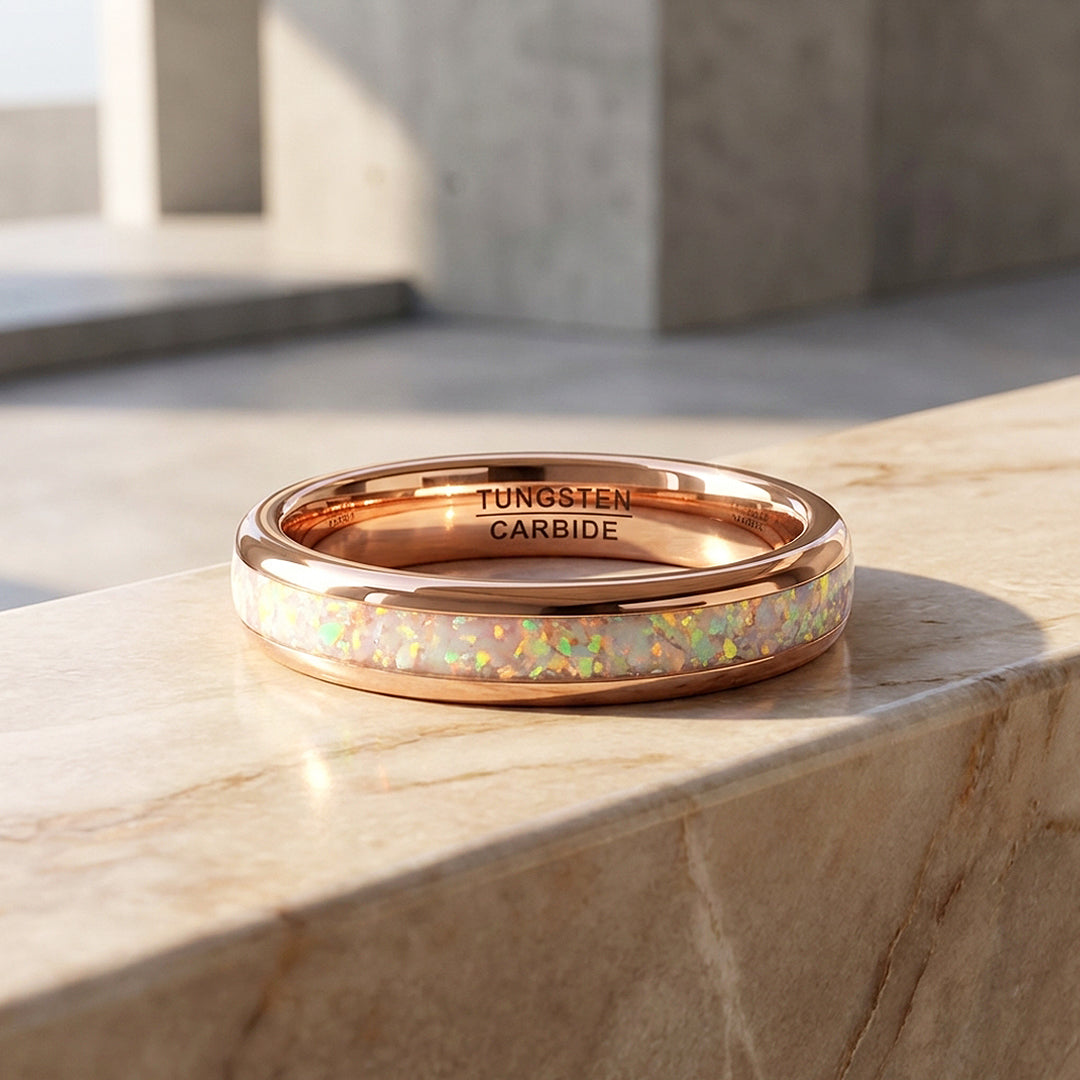 Opaline Rose Polished White Opal Inlay Rose Gold Tungsten Carbide Ring