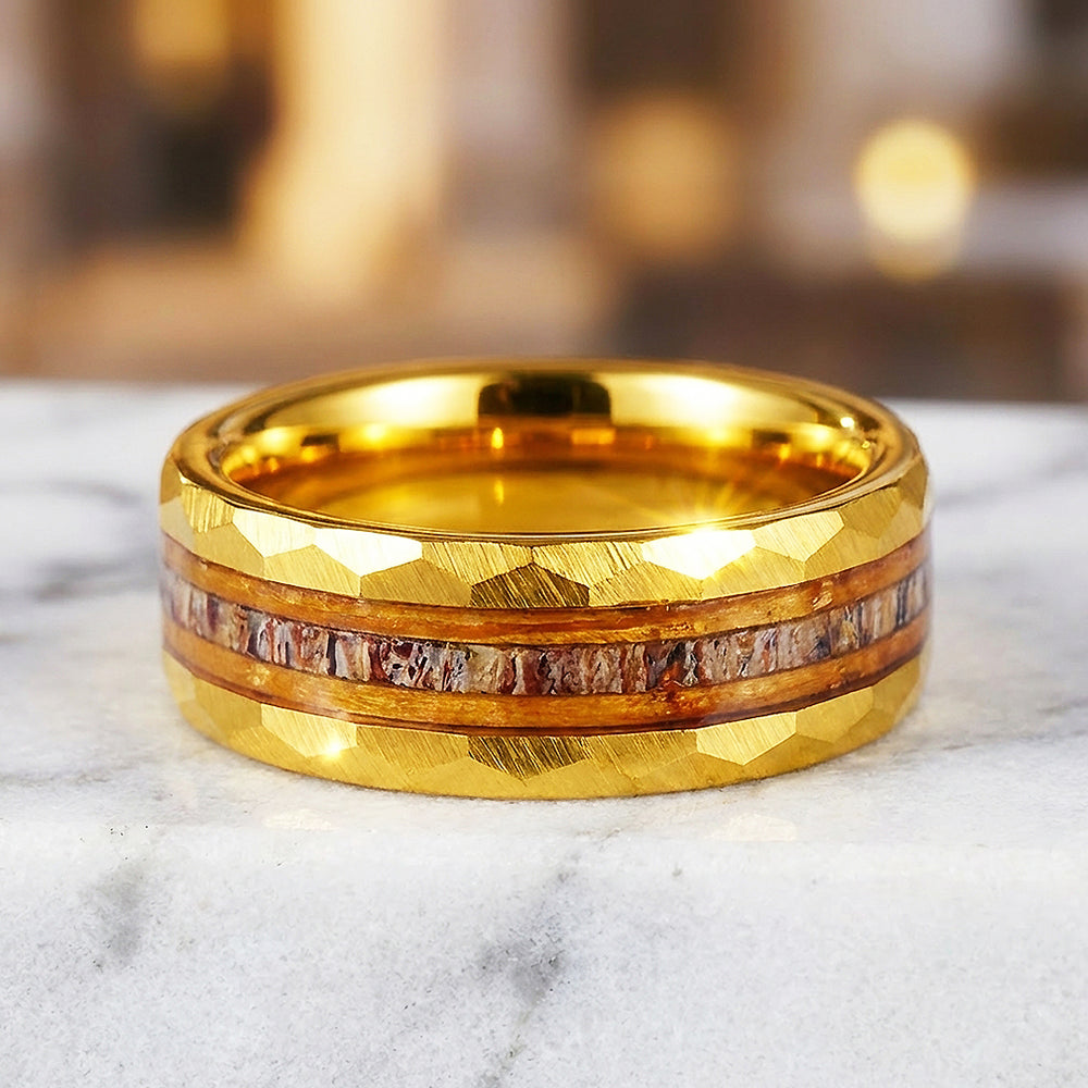 Ore Gold Hammered Wood Antler Inlay Tungsten Carbide Ring - Ring | Singapore Jewellery, Wedding Rings & Gifts | Same Day Delivery | Tiara.com.sg