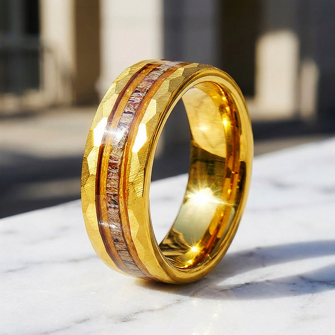 Ore Gold Hammered Wood Antler Inlay Tungsten Carbide Ring - Ring | Singapore Jewellery, Wedding Rings & Gifts | Same Day Delivery | Tiara.com.sg