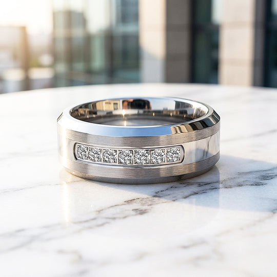 Paxton Brushed Diamond Simulant Tungsten Carbide Ring - Ring | Singapore Jewellery, Wedding Rings &amp; Gifts | Same Day Delivery | Tiara.com.sg