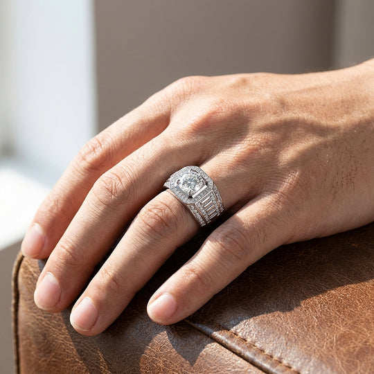 Halo Baguette Moissanite Men Ring | 925 Sterling Silver | PRM1009