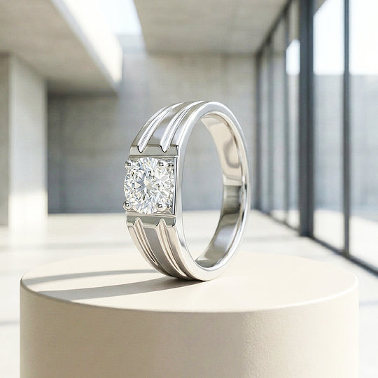 Ridged Solitaire Moissanite Men Ring | 925 Sterling Silver | PRM1010