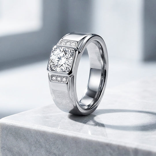 Square Bezel Solitaire Moissanite Men Ring | 925 Sterling Silver | PRM1011