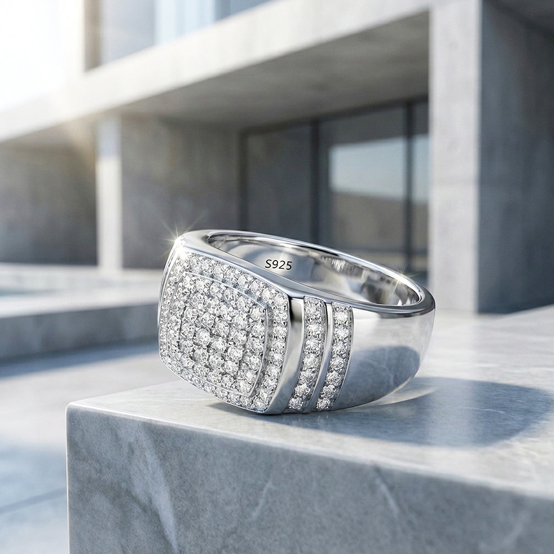 Iced Cushion Moissanite Men Ring | 925 Sterling Silver | PRM1018