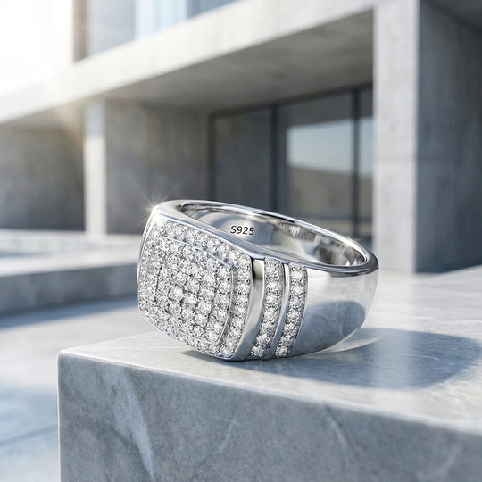 Iced Cushion Moissanite Men Ring | 925 Sterling Silver | PRM1018