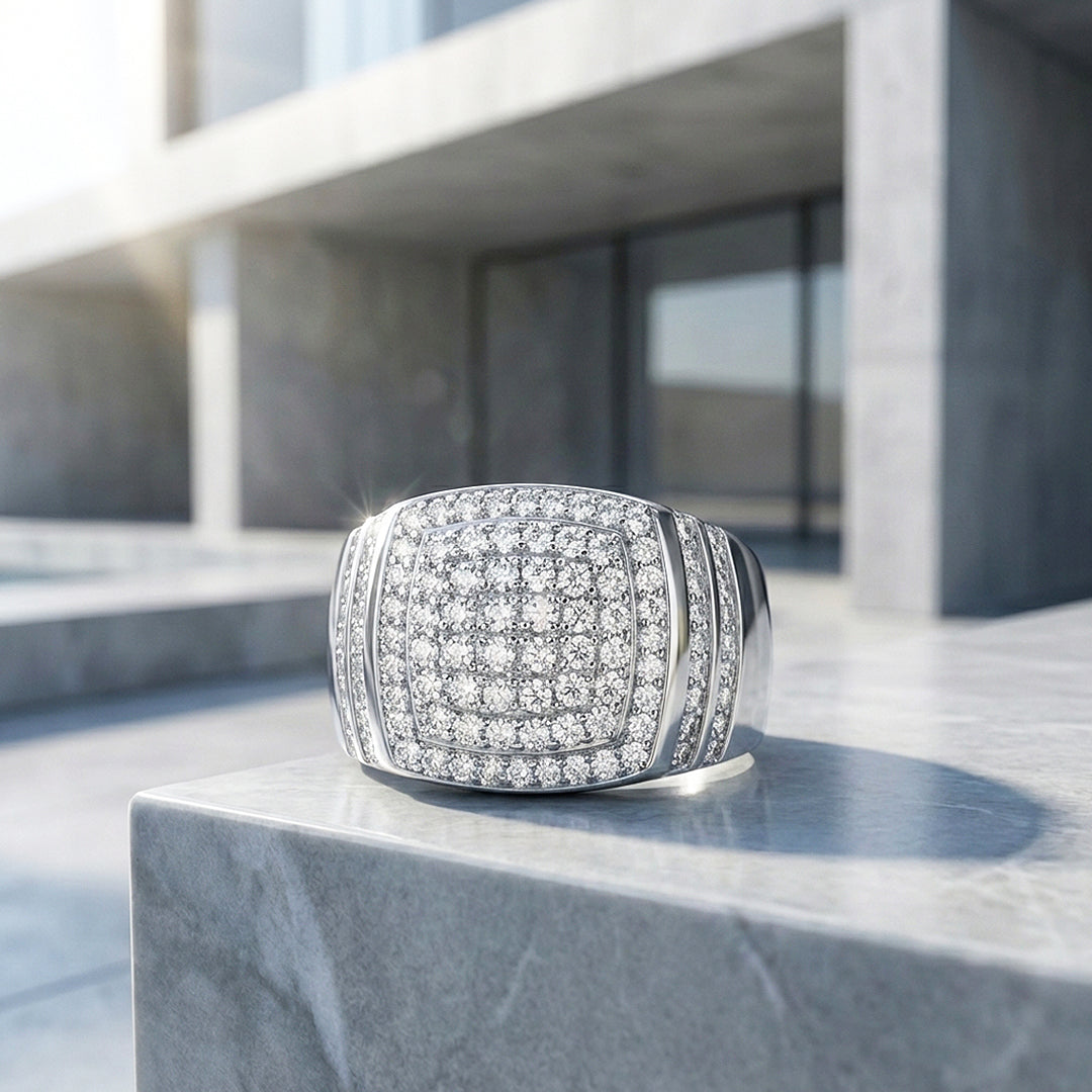 Iced Cushion Moissanite Men Ring | 925 Sterling Silver | PRM1018