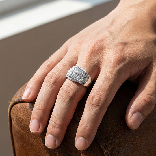Iced Cushion Moissanite Men Ring | 925 Sterling Silver | PRM1018