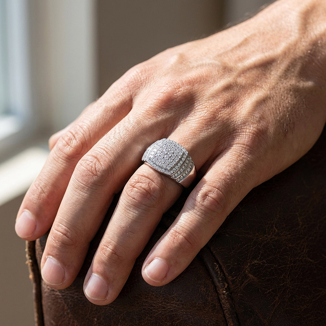 Iced Cushion Moissanite Men Ring | 925 Sterling Silver | PRM1018