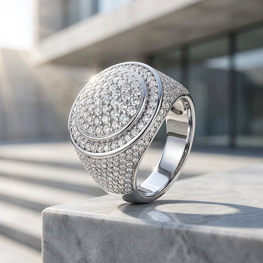 Iced Dome Signet Moissanite Men Ring | 925 Sterling Silver | PRM1019