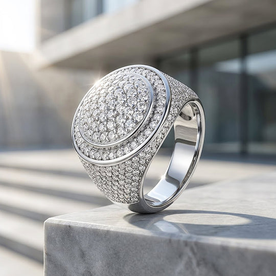 Iced Dome Signet Moissanite Men Ring | 925 Sterling Silver | PRM1019