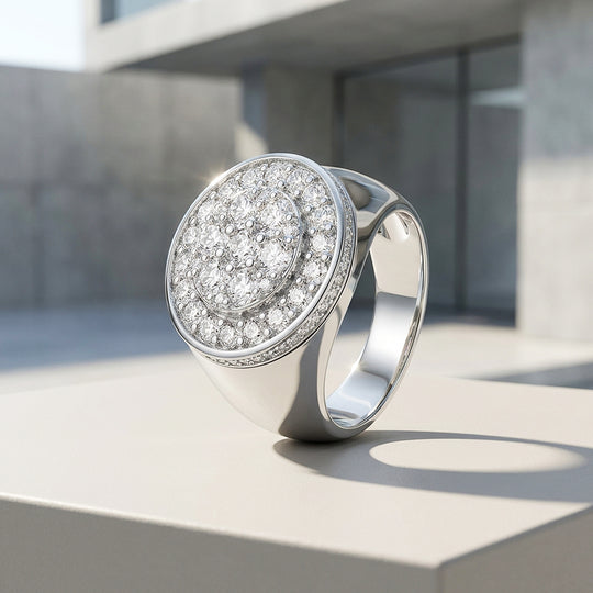Round Pavé Signet Moissanite Men Ring | 925 Sterling Silver | PRM1021