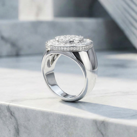 Round Pavé Signet Moissanite Men Ring | 925 Sterling Silver | PRM1021