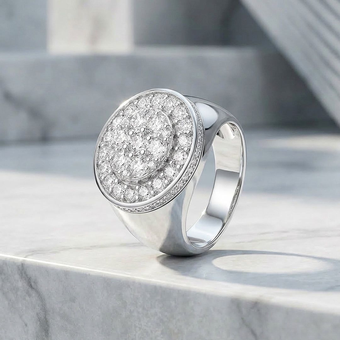 Round Pavé Signet Moissanite Men Ring | 925 Sterling Silver | PRM1021