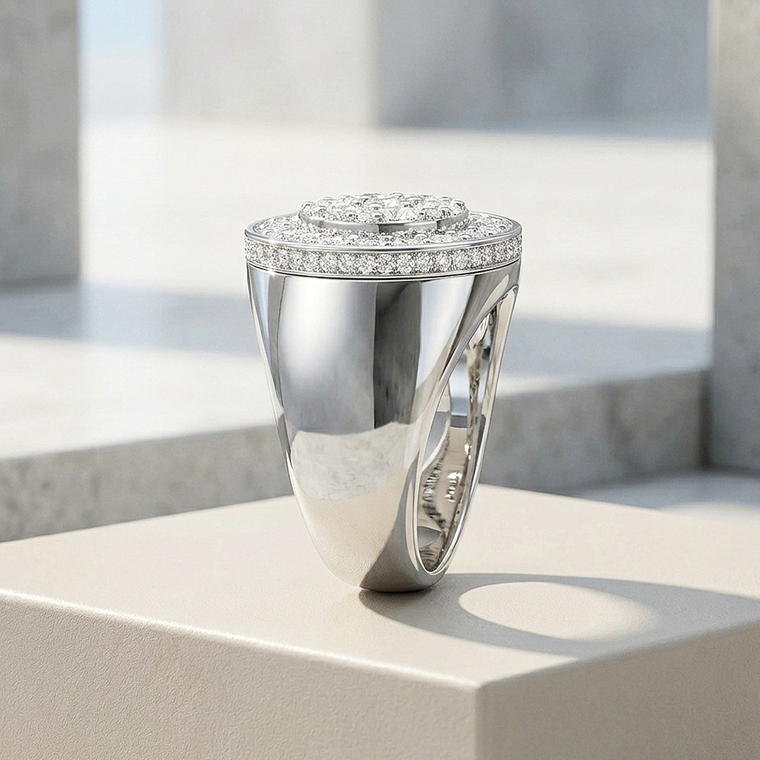 Round Pavé Signet Moissanite Men Ring | 925 Sterling Silver | PRM1021