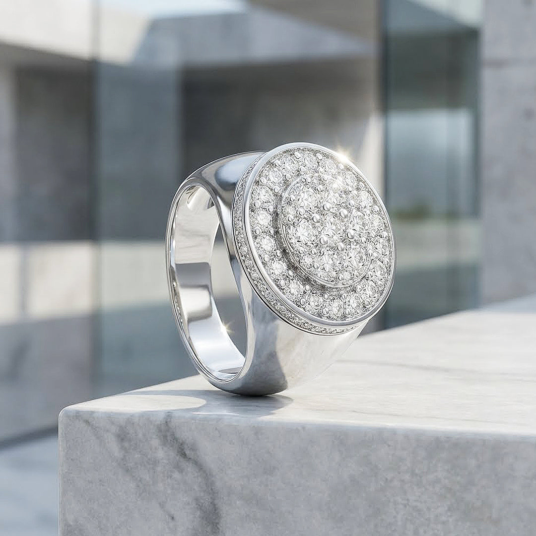 Round Pavé Signet Moissanite Men Ring | 925 Sterling Silver | PRM1021