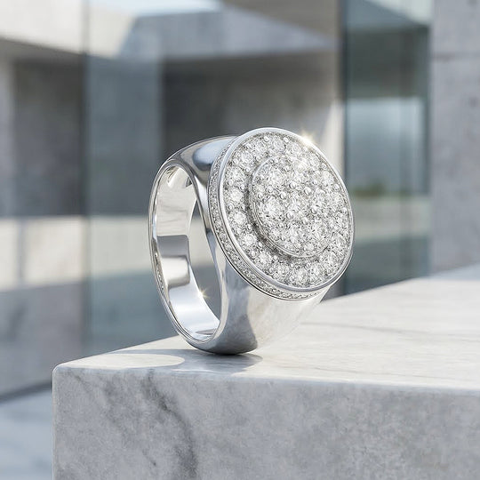 Round Pavé Signet Moissanite Men Ring | 925 Sterling Silver | PRM1021