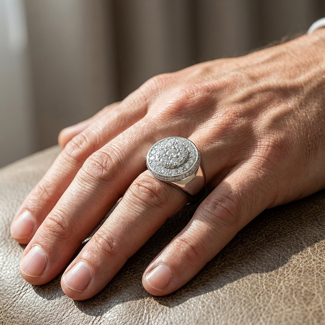 Round Pavé Signet Moissanite Men Ring | 925 Sterling Silver | PRM1021