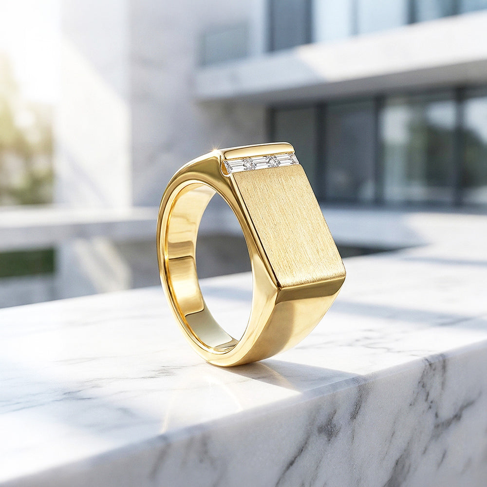 Gold Bar Signet Moissanite Men Ring | 925 Sterling Silver | PRM1023