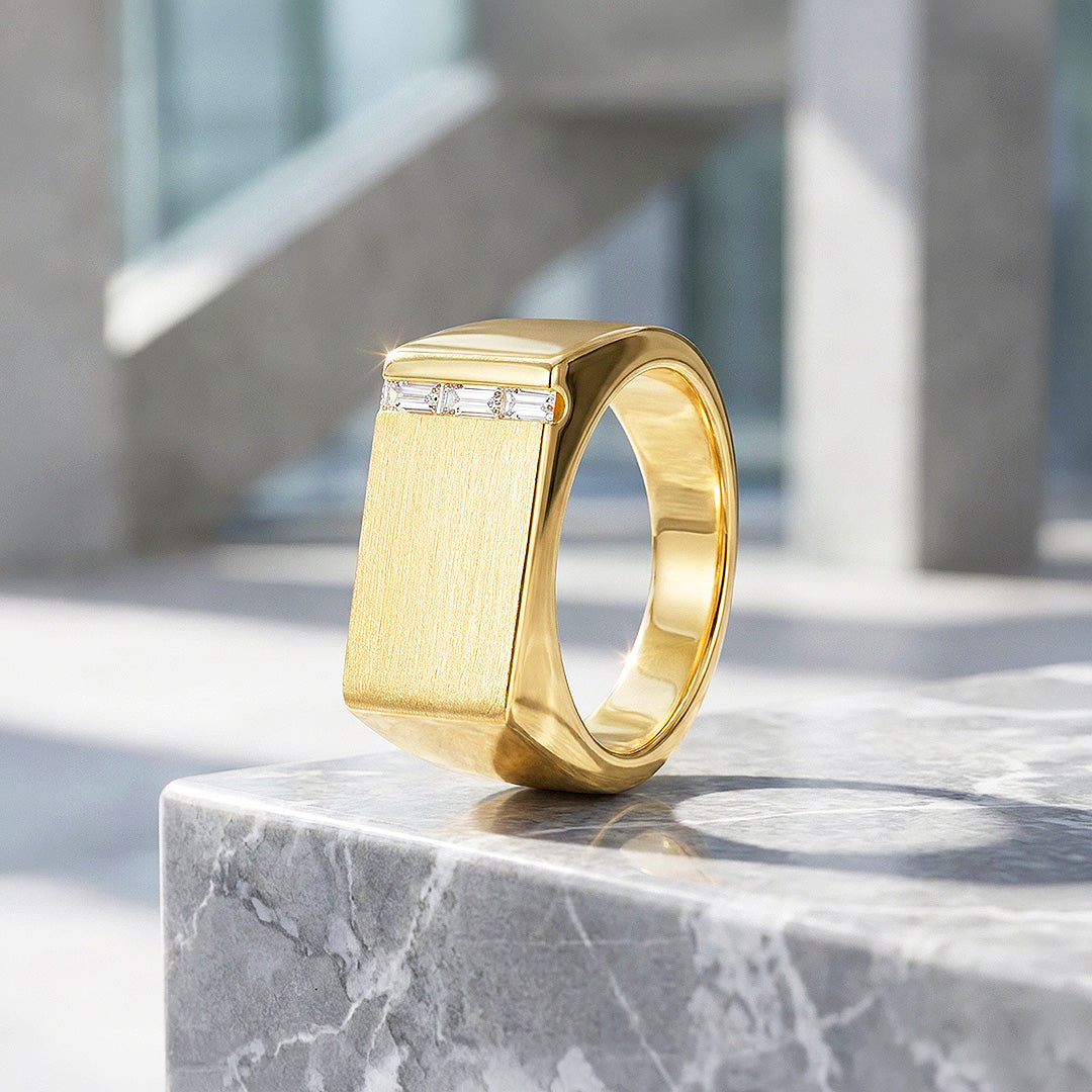 Gold Bar Signet Moissanite Men Ring | 925 Sterling Silver | PRM1023