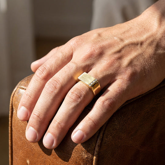 Gold Bar Signet Moissanite Men Ring | 925 Sterling Silver | PRM1023
