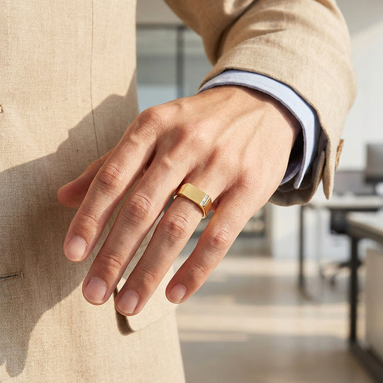 Gold Bar Signet Moissanite Men Ring | 925 Sterling Silver | PRM1023
