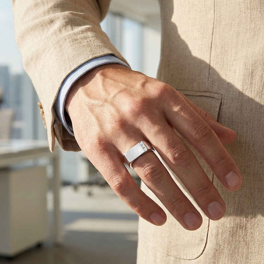 Silver Bar Signet Moissanite Men Ring | 925 Sterling Silver | PRM1024