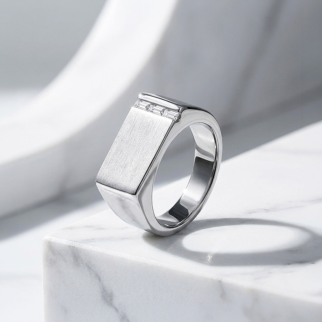 Silver Bar Signet Moissanite Men Ring | 925 Sterling Silver | PRM1024