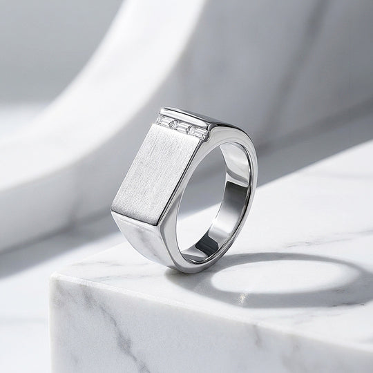 Silver Bar Signet Moissanite Men Ring | 925 Sterling Silver | PRM1024