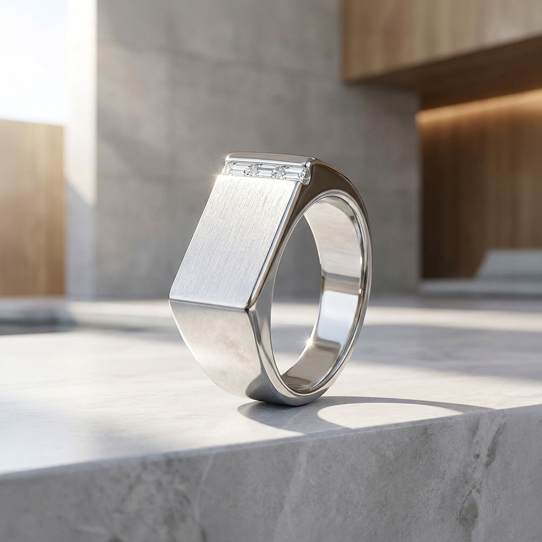 Silver Bar Signet Moissanite Men Ring | 925 Sterling Silver | PRM1024