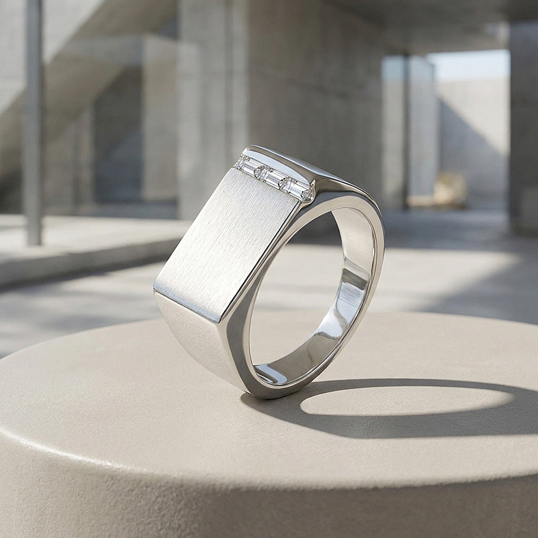 Silver Bar Signet Moissanite Men Ring | 925 Sterling Silver | PRM1024