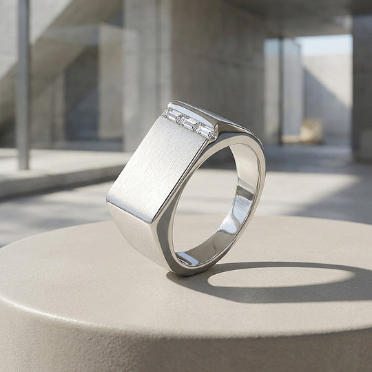 Silver Bar Signet Moissanite Men Ring | 925 Sterling Silver | PRM1024
