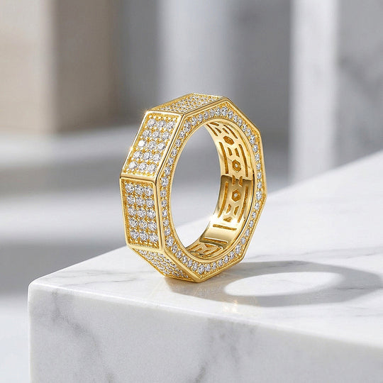Gold Octagonal Pavé Moissanite Men Ring | 925 Sterling Silver | PRM1026