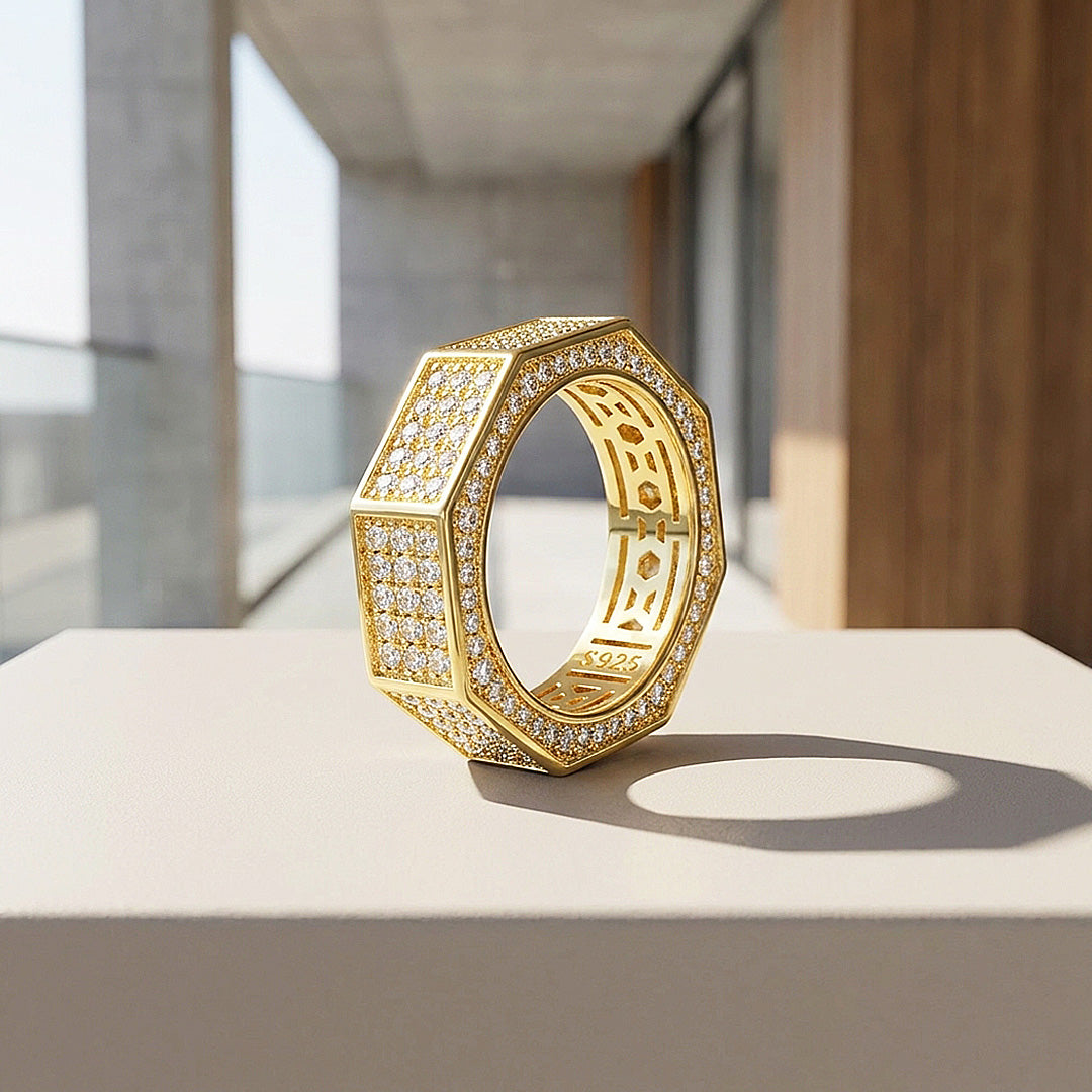 Gold Octagonal Pavé Moissanite Men Ring | 925 Sterling Silver | PRM1026