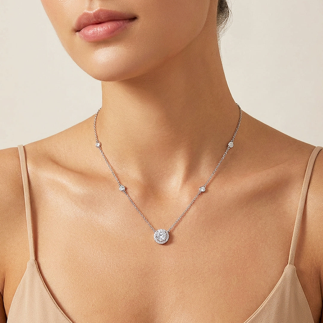Round Halo Station Moissanite Pendant Necklace | PRM2007
