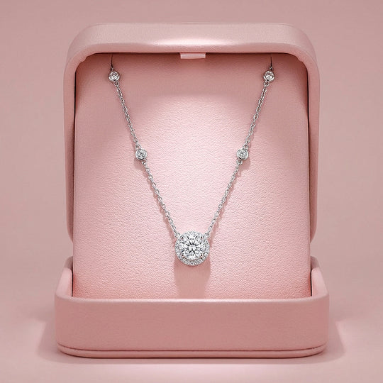Round Halo Station Moissanite Pendant Necklace | PRM2007