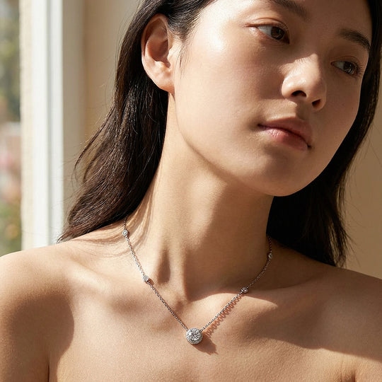 Round Halo Station Moissanite Pendant Necklace | PRM2007