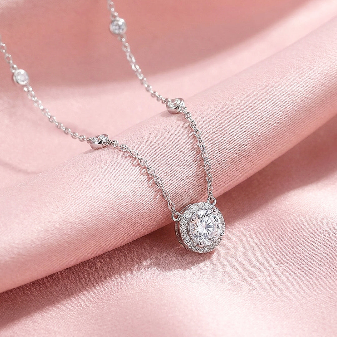 Round Halo Station Moissanite Pendant Necklace | PRM2007