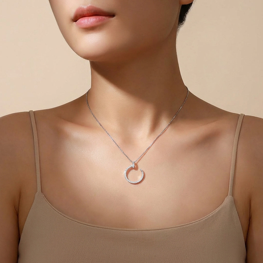 Pavé Nail Circle Moissanite Pendant Necklace | PRM2039