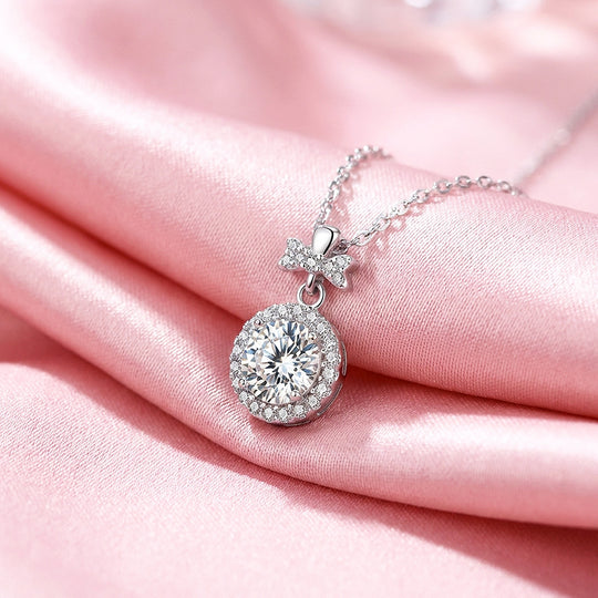 Bow &amp; Round Halo Moissanite Pendant Necklace | PRM2049