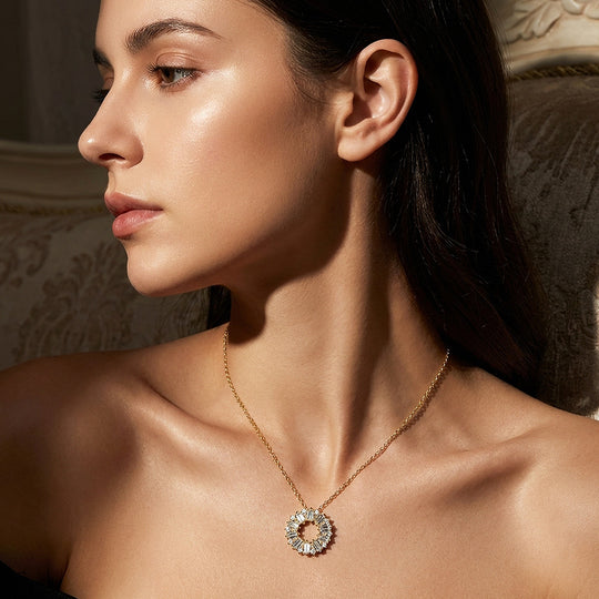Baguette Sunburst Circle Pendant Necklace | PRM2054