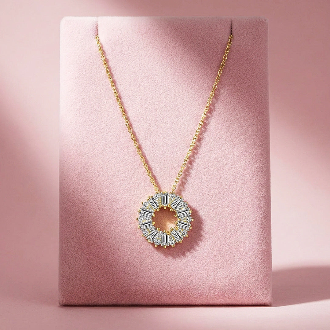 Baguette Sunburst Circle Pendant Necklace | PRM2054