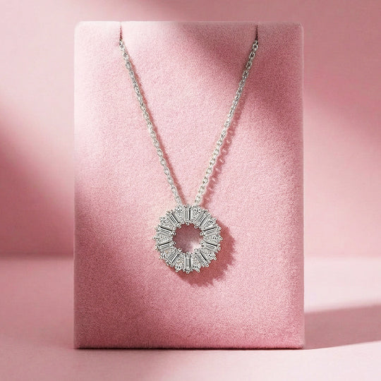 Baguette Sunburst Circle Pendant Necklace | PRM2054