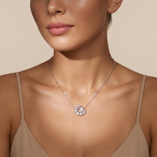 Crescent Moon Star Moissanite Necklace | PRM2056