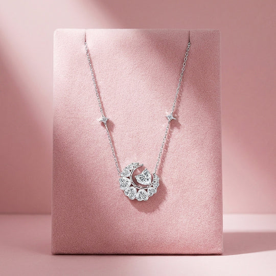 Crescent Moon Star Moissanite Necklace | PRM2056
