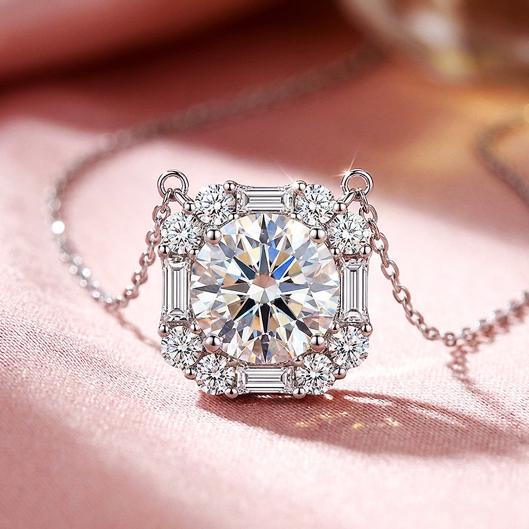 Square Mixed Halo Moissanite Necklace | PRM2058