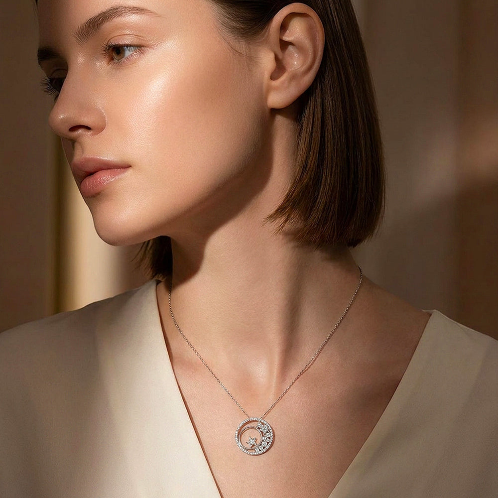 Celestial Star Circle Moissanite 925 Silver Pendant Necklace | PRM2073