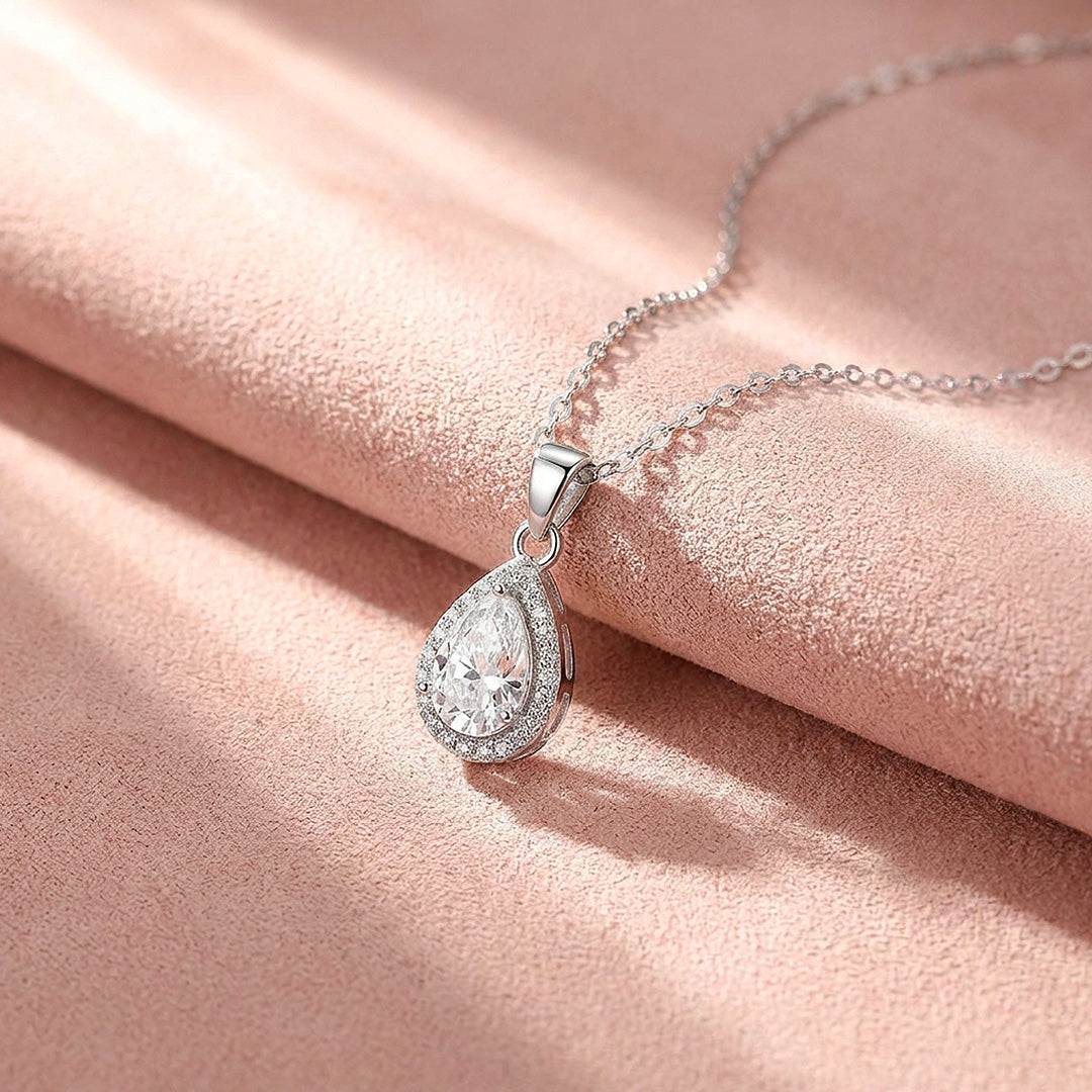 Pear Halo Moissanite 925 Silver Pendant Necklace | PRM2079
