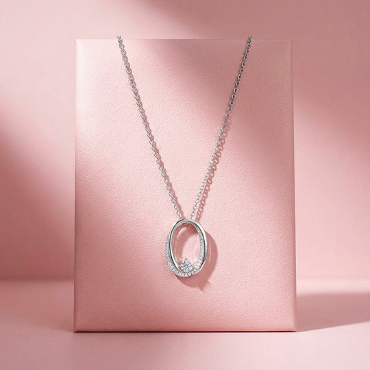 Open Oval Solitaire Moissanite 925 Silver Pendant Necklace | PRM2081