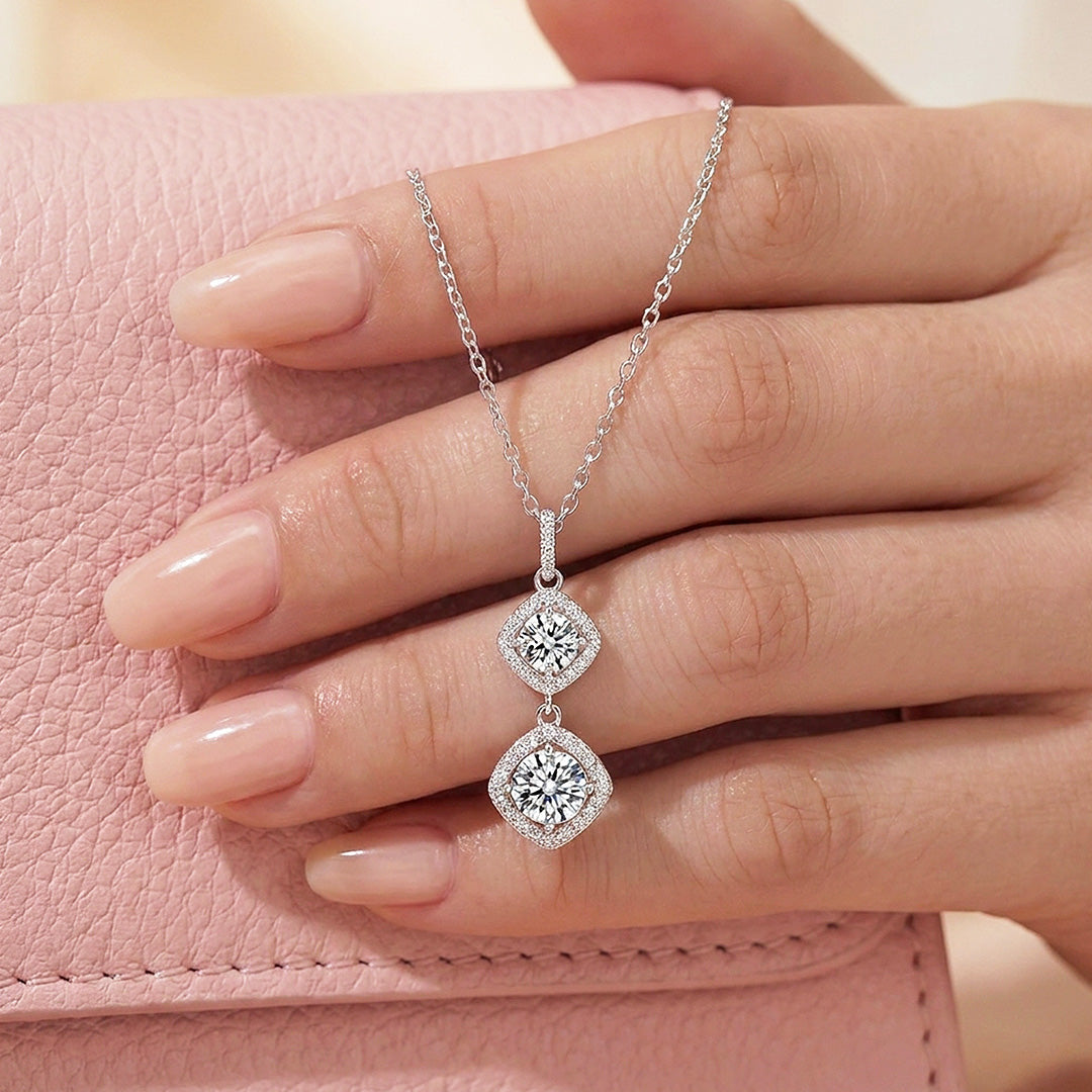 Double Halo Drop Moissanite 925 Silver Pendant Necklace | PRM2085