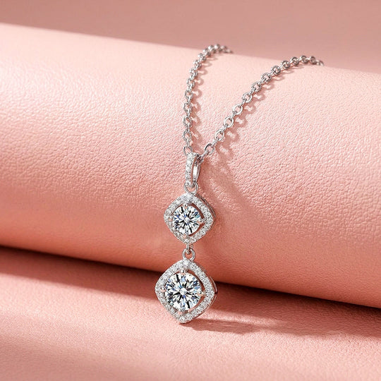Double Halo Drop Moissanite 925 Silver Pendant Necklace | PRM2085